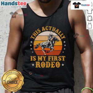 Alt Text: Vintage retro sunset cowboy tank top featuring My First Rodeo text, perfect for rodeo lovers and casual wear.