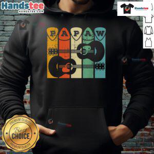 Alt Text: Retro guitarist grandpa wearing a hoodie, holding a guitar pick that says Nice Papaw while playing guitar.