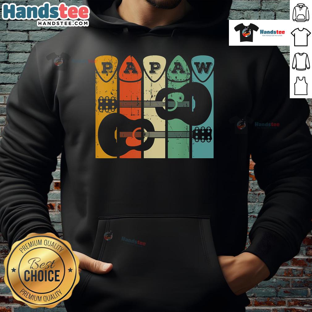 Alt Text: Retro guitarist grandpa wearing a hoodie, holding a guitar pick that says Nice Papaw while playing guitar.