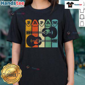 Alt Text: Retro guitar player grandpa using a Nice Papaw guitar pick, showcasing his passion for music in a stylish ladies tee.