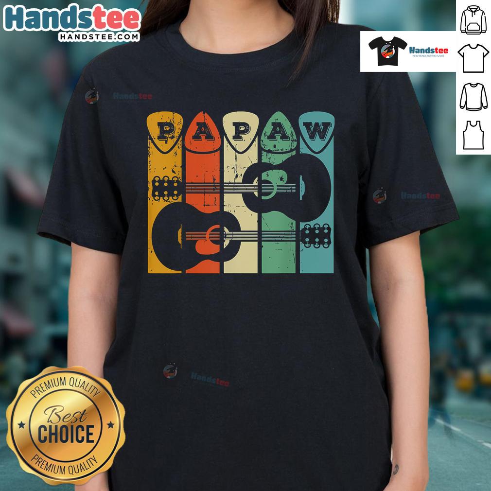 Alt Text: Retro guitar player grandpa using a Nice Papaw guitar pick, showcasing his passion for music in a stylish ladies tee.
