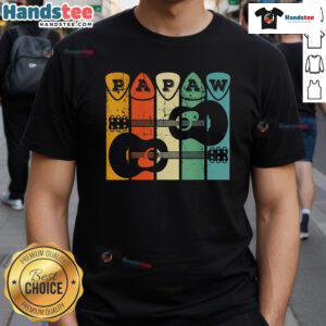 Grandpa playing guitar wearing a retro Papaw Guitar Pick T-shirt, perfect for guitarists and music lovers.