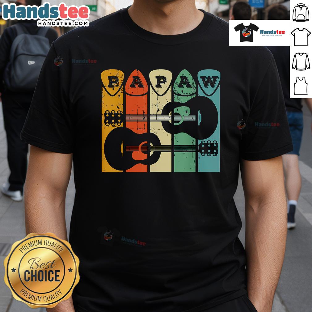 Grandpa playing guitar wearing a retro Papaw Guitar Pick T-shirt, perfect for guitarists and music lovers.