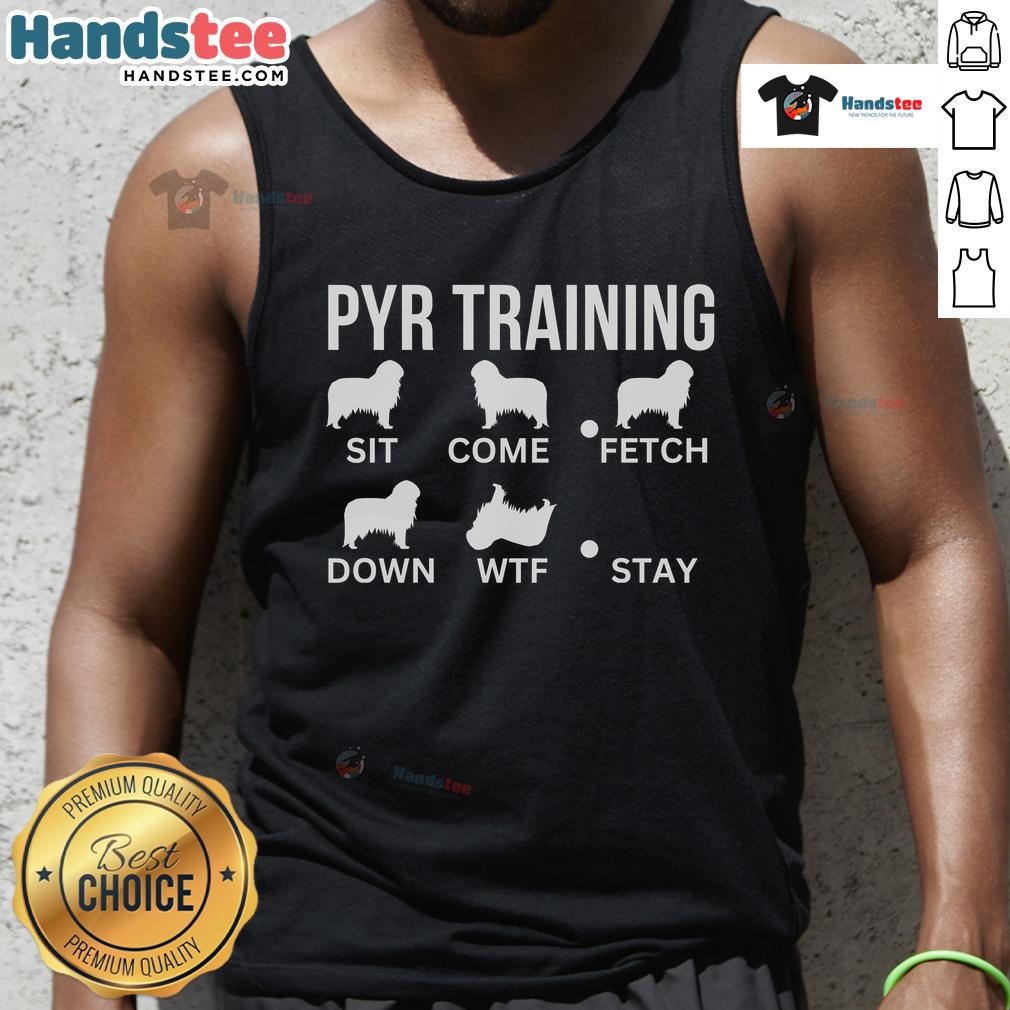 Nice Pyrenees training tricks with a Pyr dog wearing a tank top, showcasing playful obedience and style.