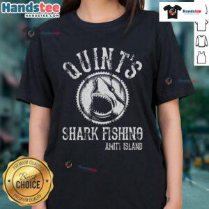 Nice Quints shark fishing Amity Island ladies tee featuring a stylish design celebrating the iconic film.