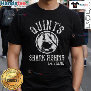 Nice Quints Shark Fishing Amity Island T-Shirt featuring a vintage design inspired by the classic film Jaws.