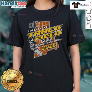 Alt Text: 2025 Ladies Tee for Nice Riil Indoor Track and Field State Championships featuring vibrant design and team logo.