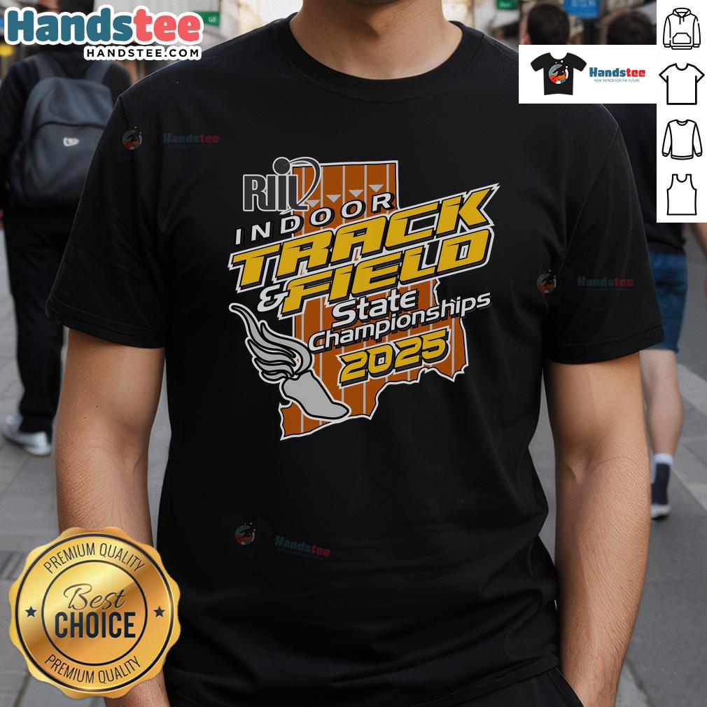 Nice Riil Indoor Track And Field State Championships 2025 T-Shirt featuring vibrant graphics and event details.