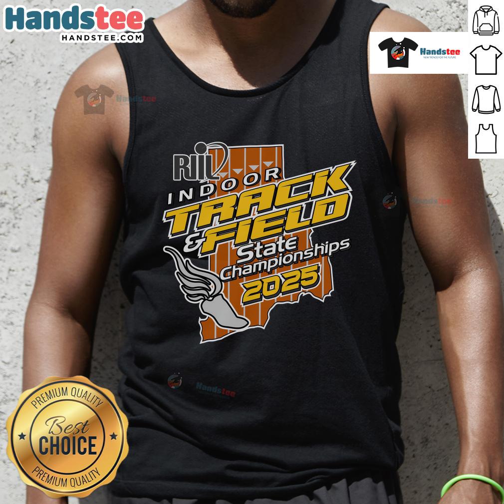 2025 Indoor Track and Field State Championships tank top featuring vibrant design and event logo for athletes.