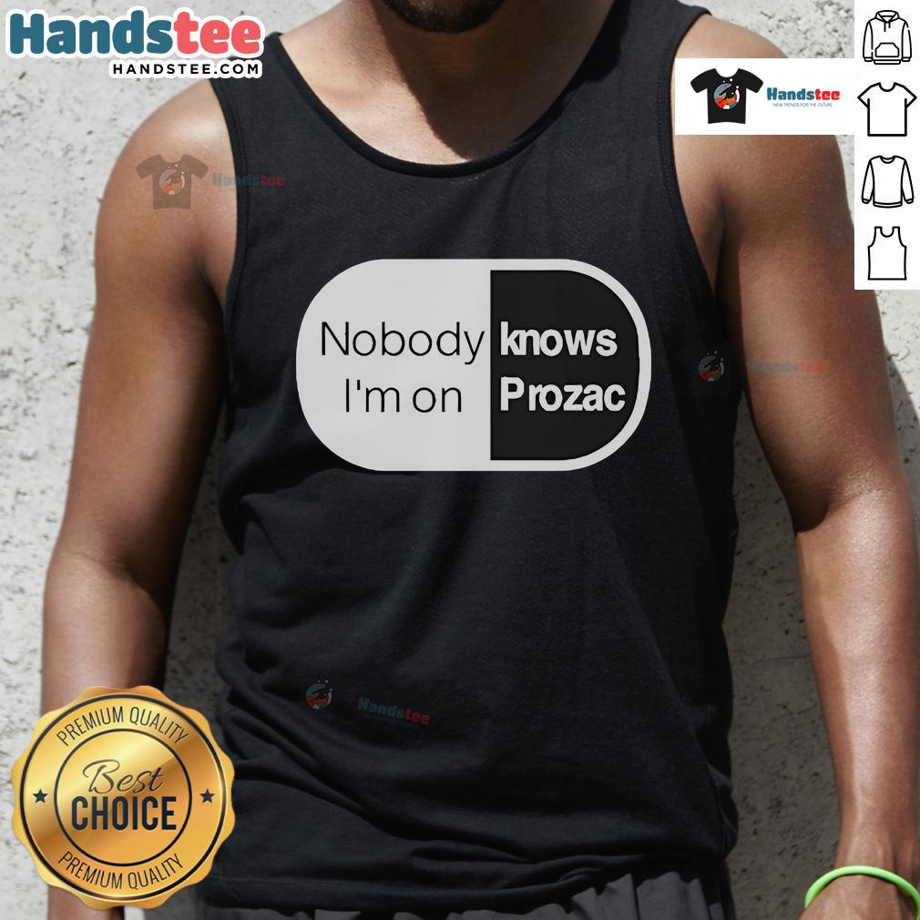 Alt Text: Nice Robbie Williams Nobody Knows I'm On Prozac tank top featuring a bold graphic design and vibrant colors.