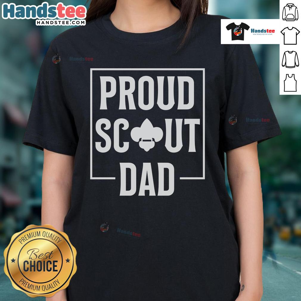Nice Scouting Dad camping in the wilderness wearing a stylish Ladies Tee, perfect for outdoor adventures.