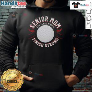 Alt Text: Senior mom wearing a 'Finish Strong' hoodie, celebrating after the final match with a proud smile.