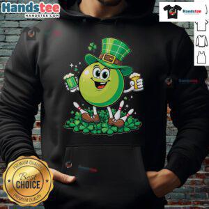 Person wearing a St. Patrick's Day hoodie, enjoying bowling and beer, celebrating with festive spirit and style.