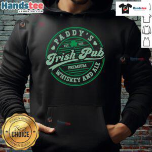Funny St. Patrick's Day hoodie featuring an Irish pub theme with whiskey and beer designs, perfect for Paddys celebrations.