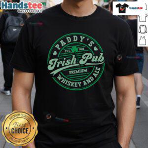 Funny St. Patrick's Day Irish Pub T-Shirt featuring whiskey and beer for Paddy's celebration, perfect for festive occasions.