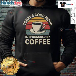 Retro sunset hoodie with 'Today's good mood is sponsored by coffee' design, perfect for cozy coffee lovers.
