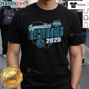 Alt Text: Official 2025 OHSAA Gymnastics Sectionals T-Shirt featuring vibrant design and event logo for athletes and fans.