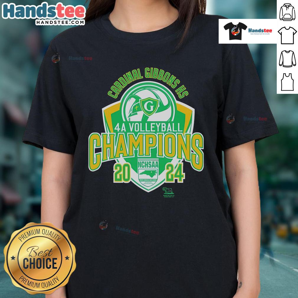 Alt Text: Official Cardinal Gibbons HS 4A Volleyball Champions NCHSAA 2024 Ladies Tee showcasing team pride and victory.