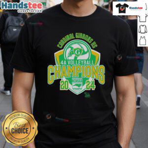 Alt Text: Official Cardinal Gibbons HS 4A Volleyball Champions NCHSAA 2024 T-Shirt celebrating the team's championship victory.