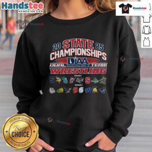 Official DIAA Wrestling Dual Team State Championships sweatshirt featuring team logo and vibrant colors.
