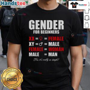 Alt Text: Official Gender For Beginners t-shirt featuring Xx Female and Xy Male designs, perfect for casual wear.