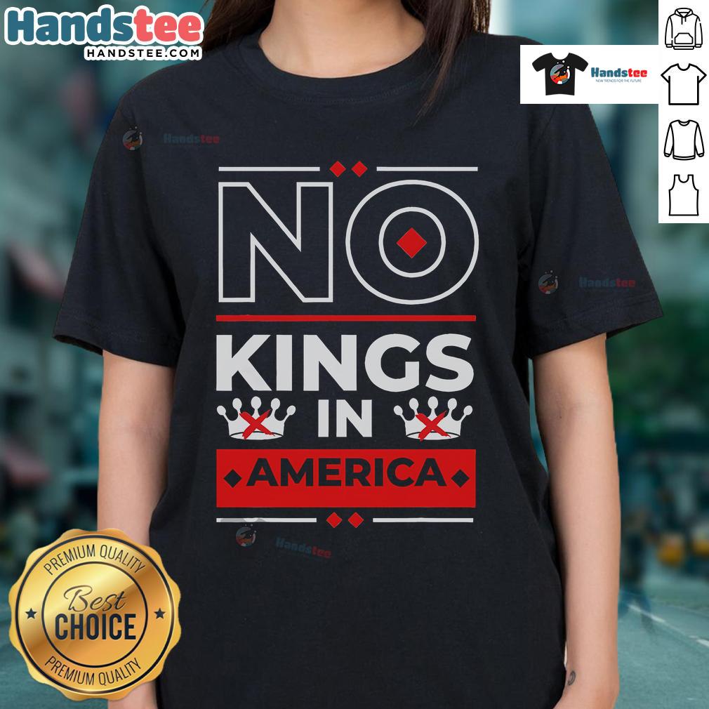 Official 'No Kings In America' political ladies tee showcasing empowerment and democracy for women in politics.