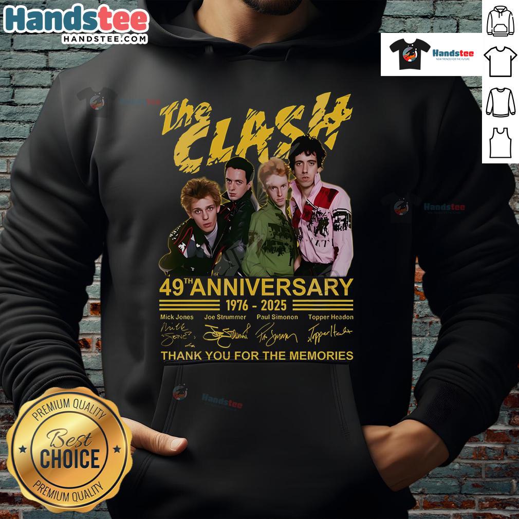 Official The Clash 49th Anniversary 1976-2025 hoodie celebrating the band's legacy and memorable music.
