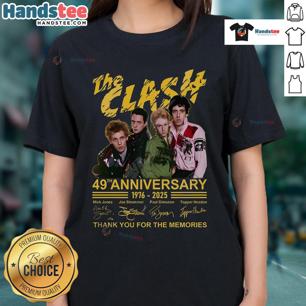 Official The Clash 49th Anniversary 1976-2025 Ladies Tee celebrating the band's legacy with stylish design and vibrant colors.