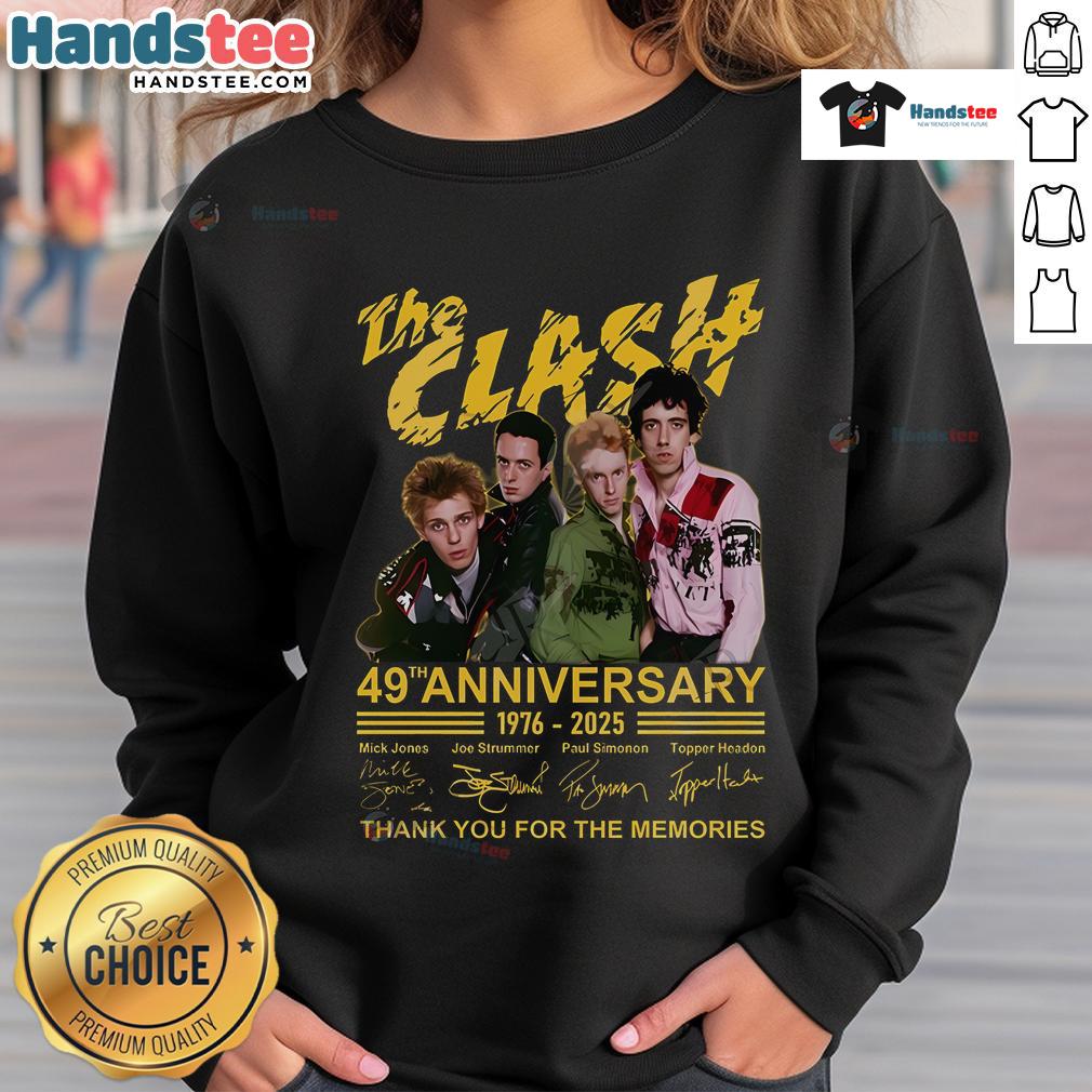 Official The Clash 49th Anniversary sweatshirt celebrating 1976-2025, a tribute to the band's legacy and memories.