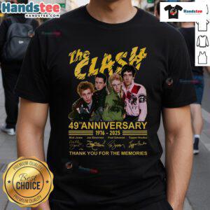 Alt Text: Official The Clash 49th Anniversary 1976-2025 T-Shirt celebrating the band's legacy with a heartfelt thank you message.