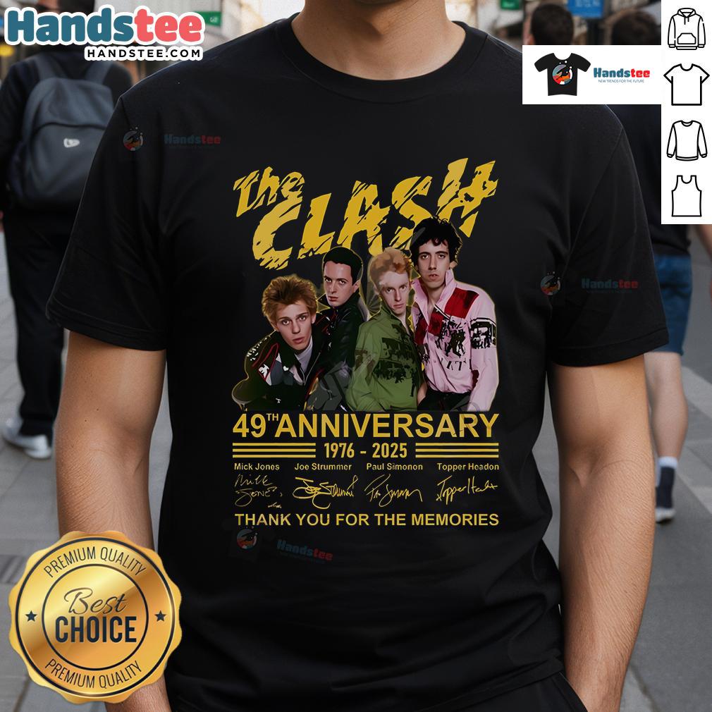 Alt Text: Official The Clash 49th Anniversary 1976-2025 T-Shirt celebrating the band's legacy with a heartfelt thank you message.