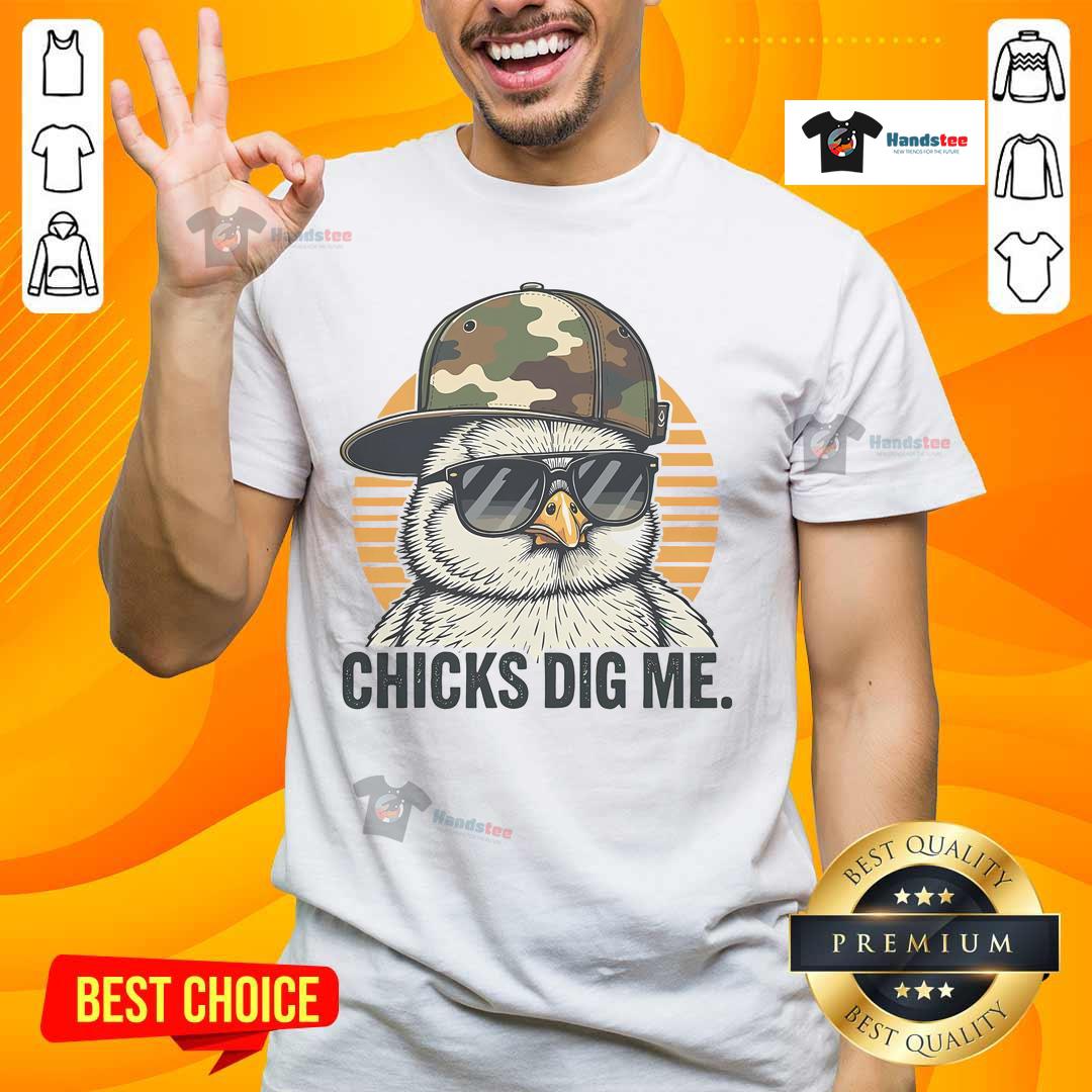 Alt Text: Premium Chicks Dig Me Easter T-Shirt featuring a fun graphic design for festive spring celebrations.