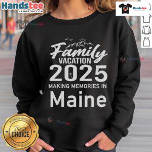 Family wearing 'Awesome Family Vacation 2025' sweatshirts, enjoying quality time together in scenic Maine.
