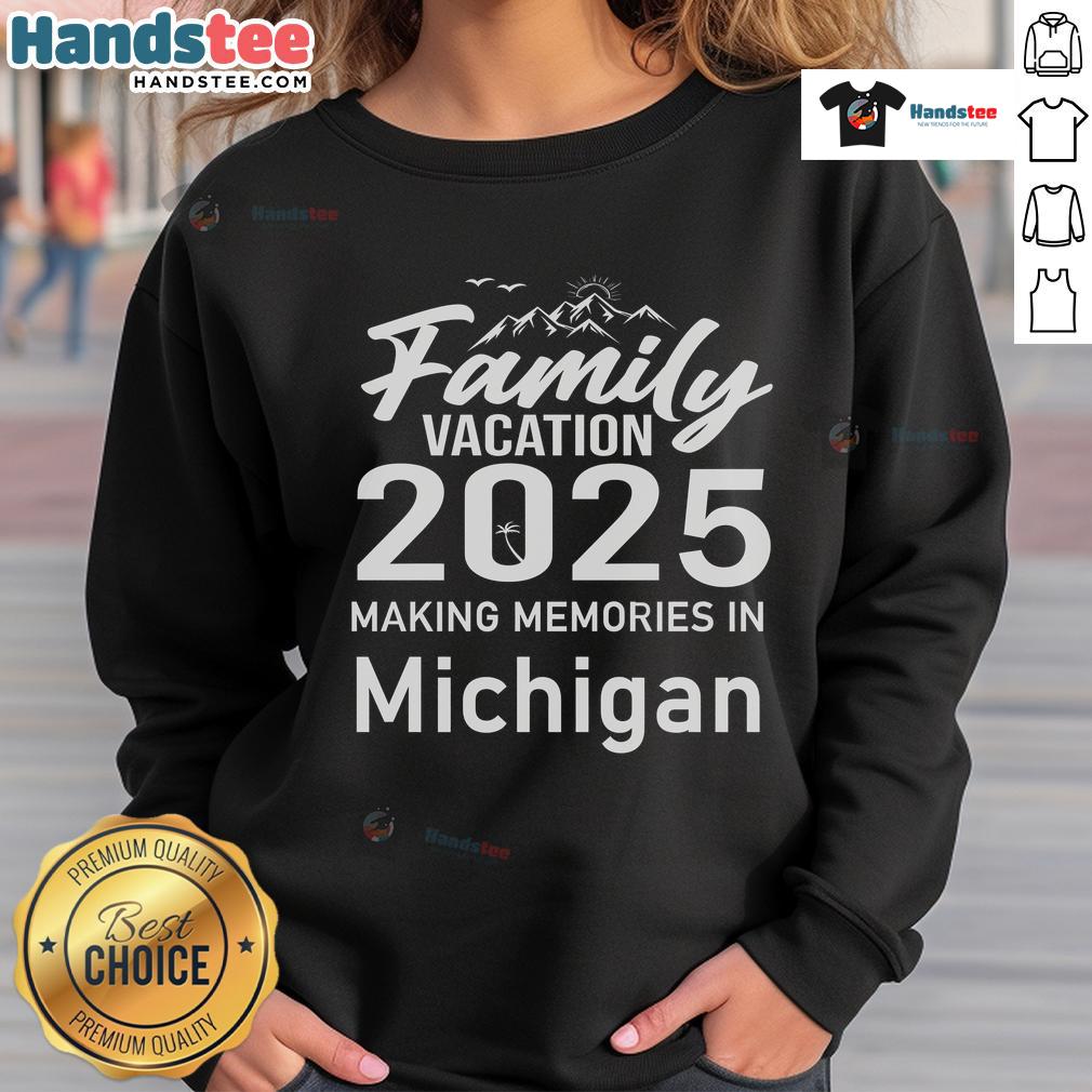 Family enjoying a vacation in Michigan, wearing matching sweatshirts, making memories in 2025.