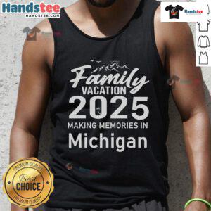Family enjoying a fun vacation in Michigan, wearing matching tank tops, capturing memories in 2025.