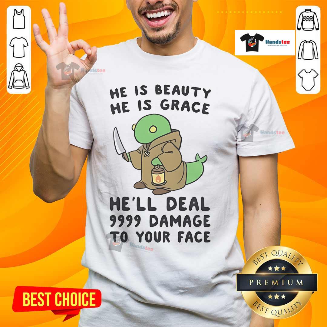 Alt Text: Cute He Is Beauty He Is Grace T-Shirt featuring a humorous graphic about dealing 9999 damage to your face.