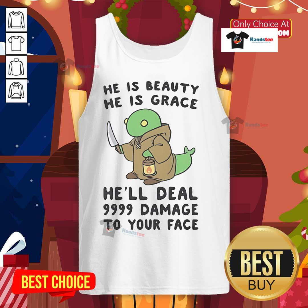 Model wearing 'Cute He Is Beauty He Is Grace' tank top featuring playful design and bold text, perfect for casual style.