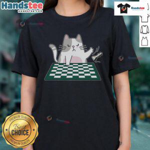 Alt Text: Cute rude cat playing chess on a colorful chess board - stylish ladies tee design perfect for cat lovers.