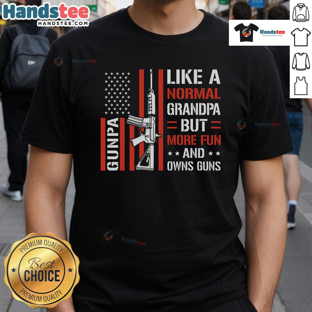 Alt Text: Funny Gunpa t-shirt design, featuring 'Like A Normal Grandpa But More Fun' slogan, perfect for USA grandpas.