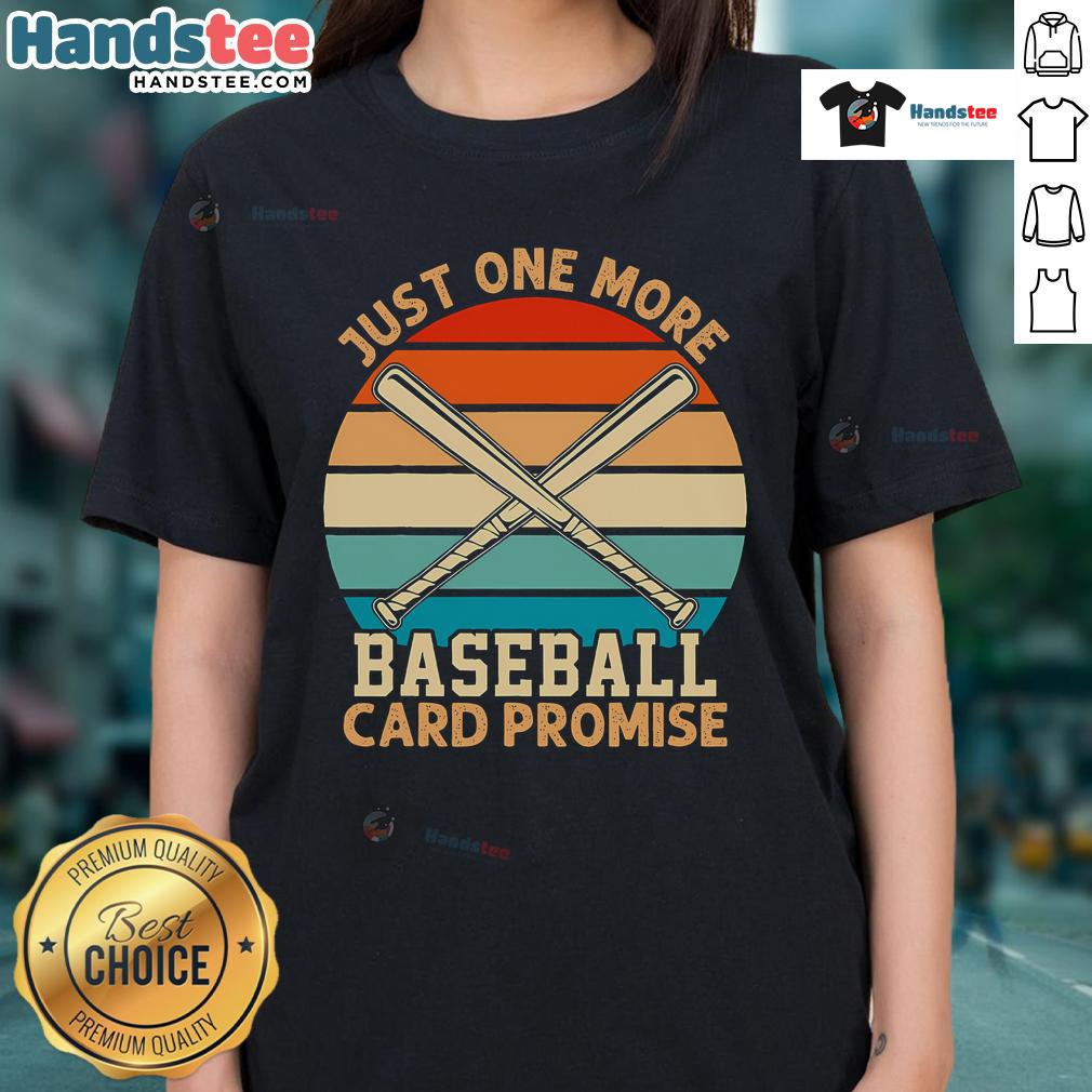 Funny ladies tee featuring retro sunset design and 'Just One More Baseball Card Promise' text for sports trading card fans.