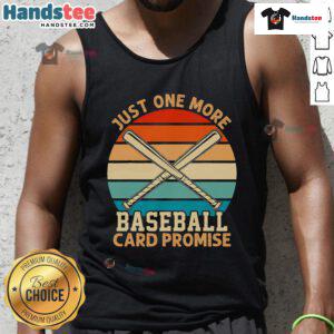 Funny retro sunset tank top featuring 'Just One More Baseball Card Promise' slogan, perfect for sports trading card fans.
