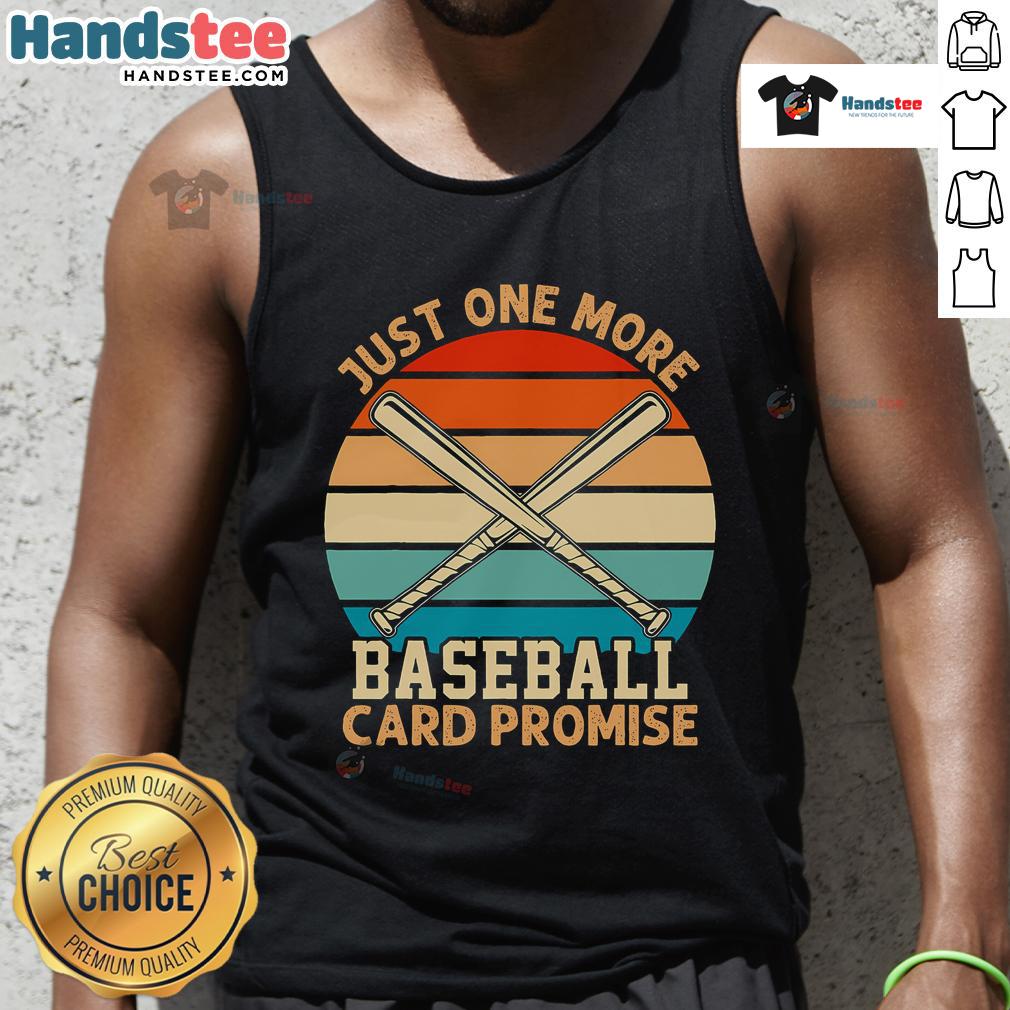 Funny retro sunset tank top featuring 'Just One More Baseball Card Promise' slogan, perfect for sports trading card fans.