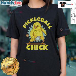 Funny pickleball chick player in a ladies tee, showcasing her love for pickleball on the court with a playful smile.