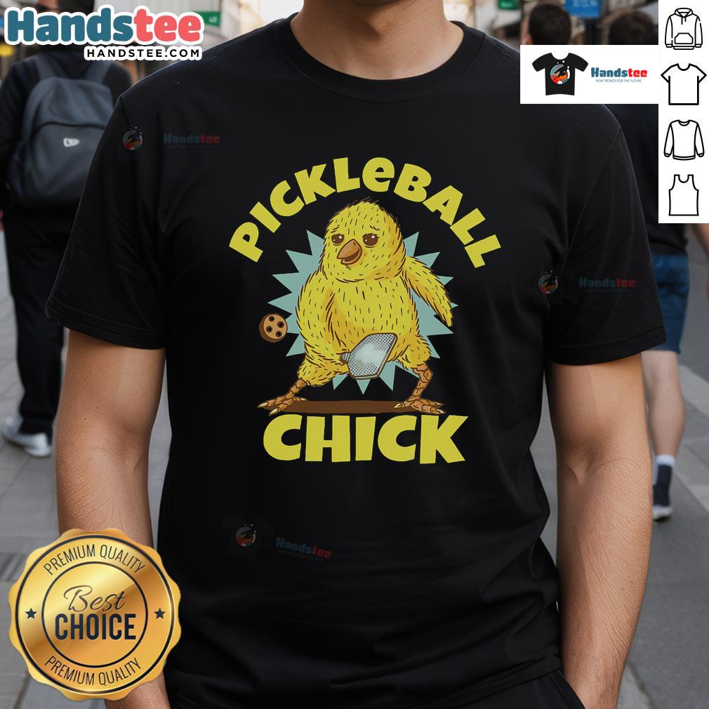 Funny Pickleball Chick wearing a playful t-shirt, showcasing love for pickleball with a vibrant design.