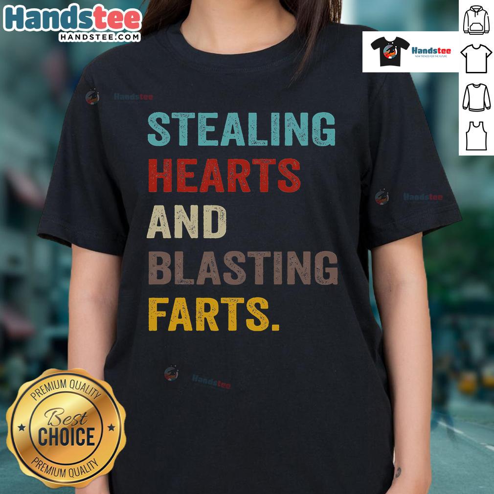 Funny Stealing Hearts and Blasting Farts Retro Vintage Ladies Tee featuring a playful graphic design in vibrant colors.