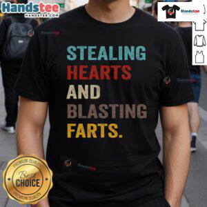 Funny Stealing Hearts and Blasting Farts retro vintage T-shirt design featuring playful graphics and humorous text.