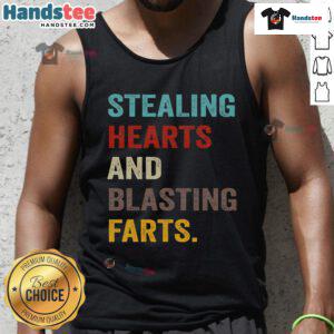 Funny stealing hearts and blasting farts retro vintage tank top design featuring playful graphics and bright colors.