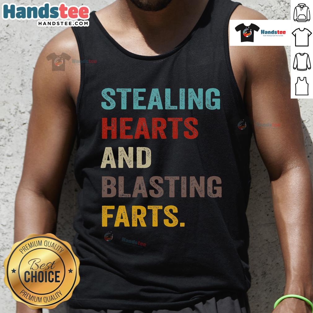 Funny stealing hearts and blasting farts retro vintage tank top design featuring playful graphics and bright colors.