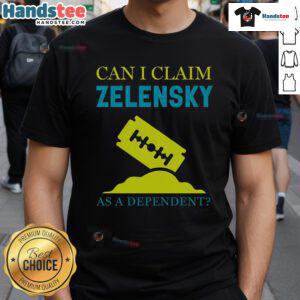 Funny Tax Day t-shirt featuring a humorous slogan about claiming Zelensky as a dependent.