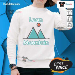 Cozy Good Loon Mountain sweatshirt featuring scenic Lincoln, New Hampshire mountains, perfect for outdoor enthusiasts.